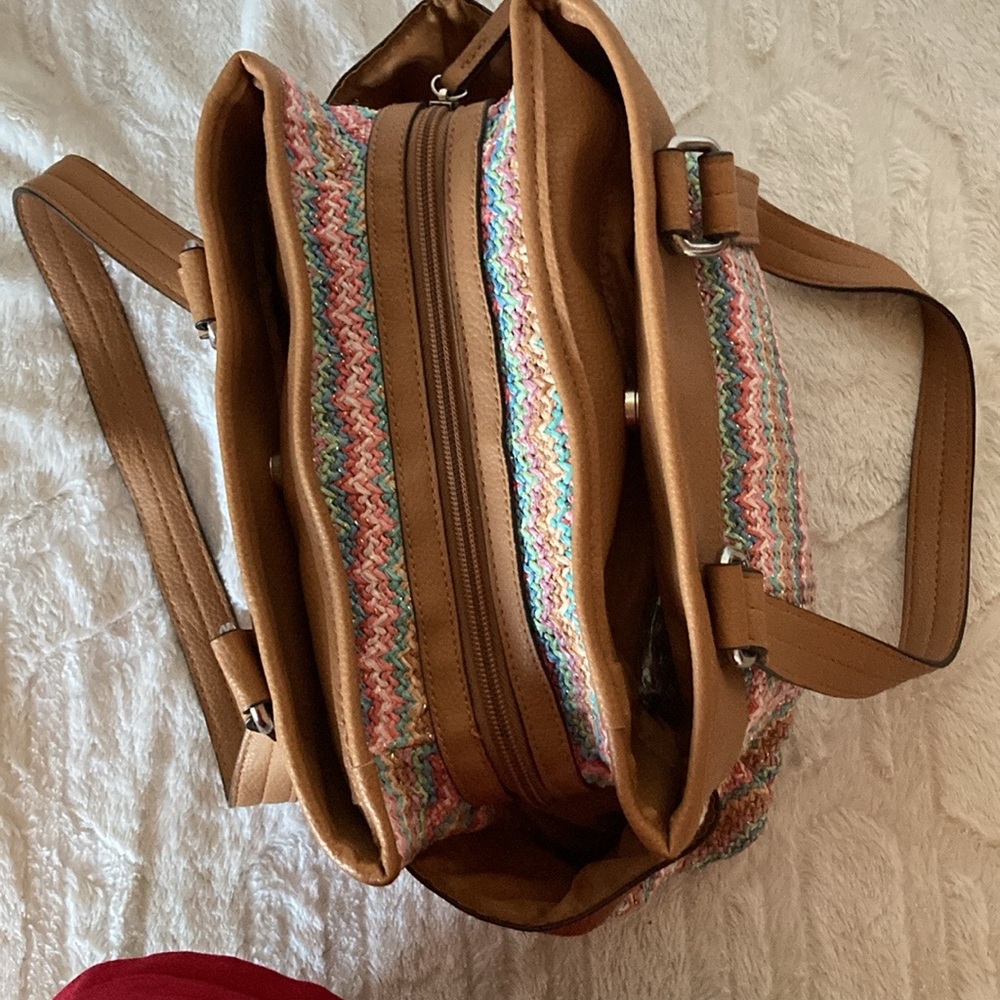 Preloved Shoulder Bag. Colors:Multicolored Squiggly Lines With Brown Trim View 6